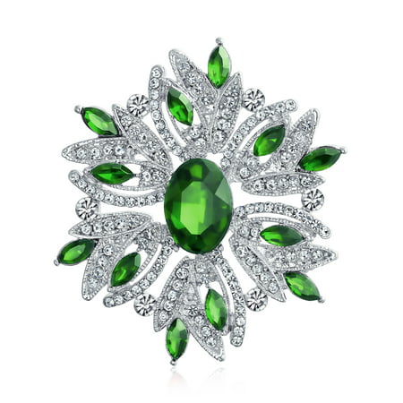 Large Statement Vintage Style Crystal Flower Green White Brooch Pin For Women For Mother Silver