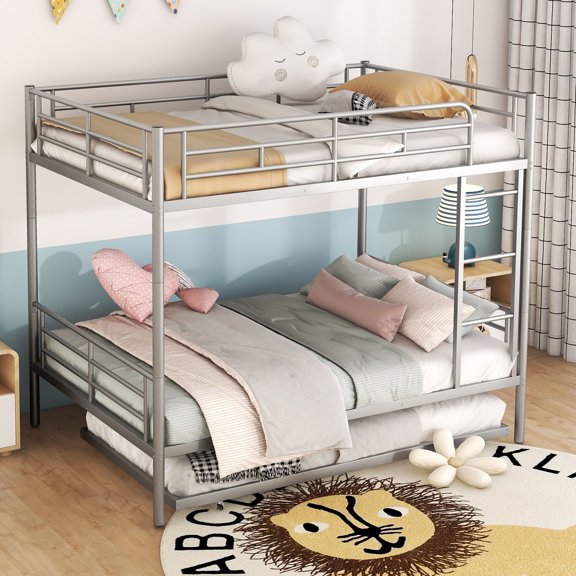 Bunk Bed, Save Space or Split Into 2 Beds, Metal Bunk Bed with Ladder and Safety Guardrail, Space-Saving Bunk Beds with Trundle for Teens & Adults, No Box Spring Needed