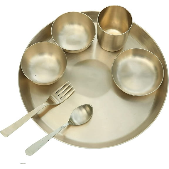 Pure Bronze Ayurveda Dinner Set 7pcs Broze Gold Tumbler Bowl Spoon And Platter
