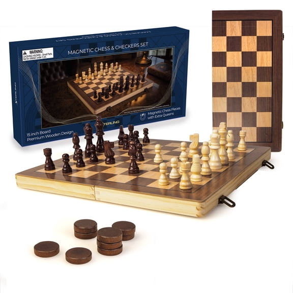 Sterling Games 15" Magnetic Wooden Chess & Checkers Set, Folding Chess Board with Storage, 3" Staunton Chess Pieces, 2 Extra Queens, Secure Brass Clasps, Travel Bag, Chess Set for Adults & Kids