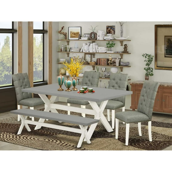 East West Furniture 6-Pc Dinette Room Set- 4 Parson Chairs with Smoke Linen Fabric Seat and Button Tufted Chair Back - Rectangular Top & Wooden Cross Legs Dining Room Table and Small Bench -...