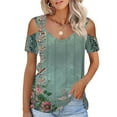 thumbnail image 2 of Dazajoo O-Ring Strap T-shirt for Women Summer Casual V Neck Short Sleeve Shirts 2024 Summer Womens Floral Print Cold Shoulder Loose fit Tops,Army Green,S, 2 of 7