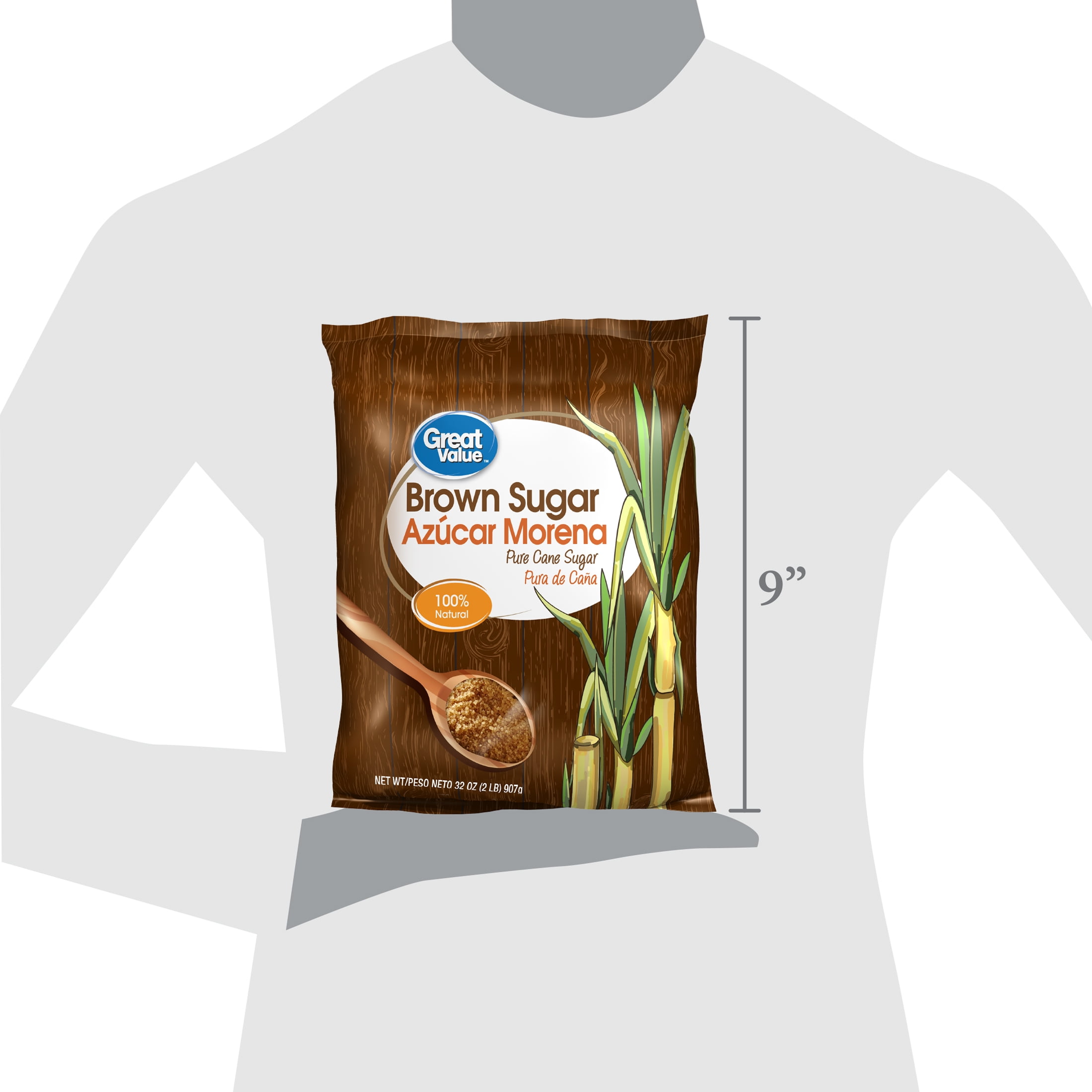 Great Value, Pure Cane Brown Sugar, 32oz (2pd) 907g, Plastic Bag, No Additives and Preservatives
