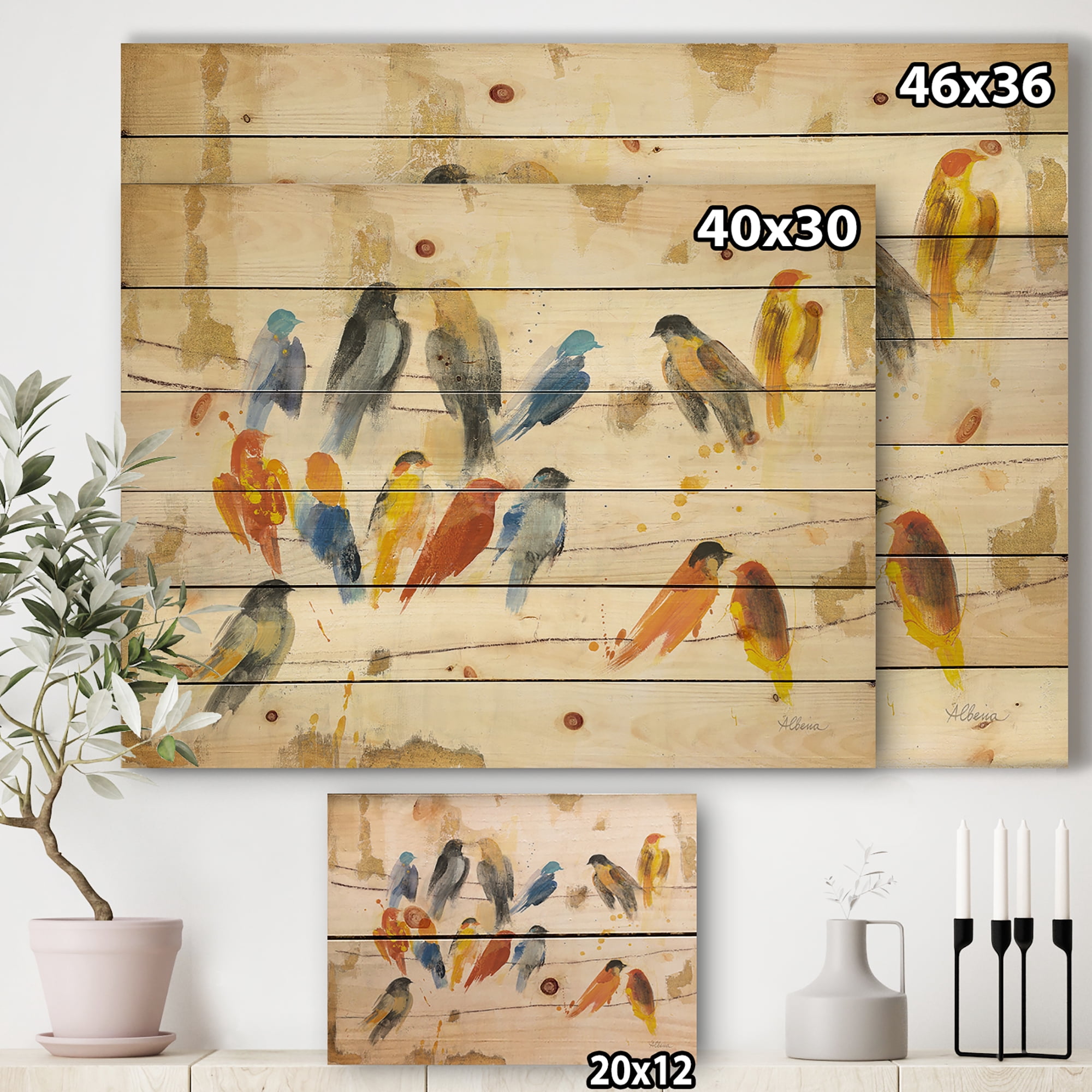 Designart 'Multicolor Bird Meeting' Traditional Animal Print on Natural Pine Wood