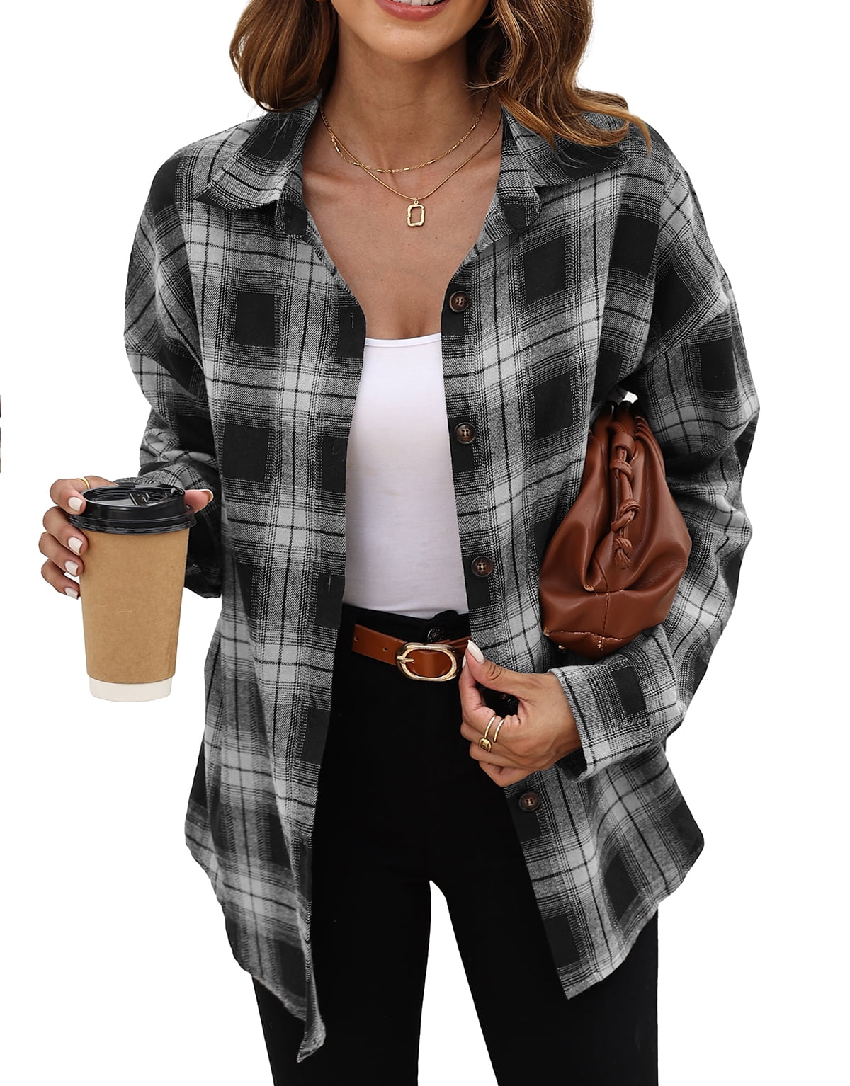 Fantaslook Plaid Flannel Shirts for Women Oversized Long Sleeve Button Down Shirts Blouses Tops