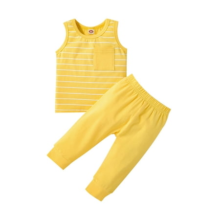 

Suanret Infant Girls Boys Suit Stripe Printed Round Neck Sleeveless Tops+Solid Color Long Pants Yellow 18-24 Months