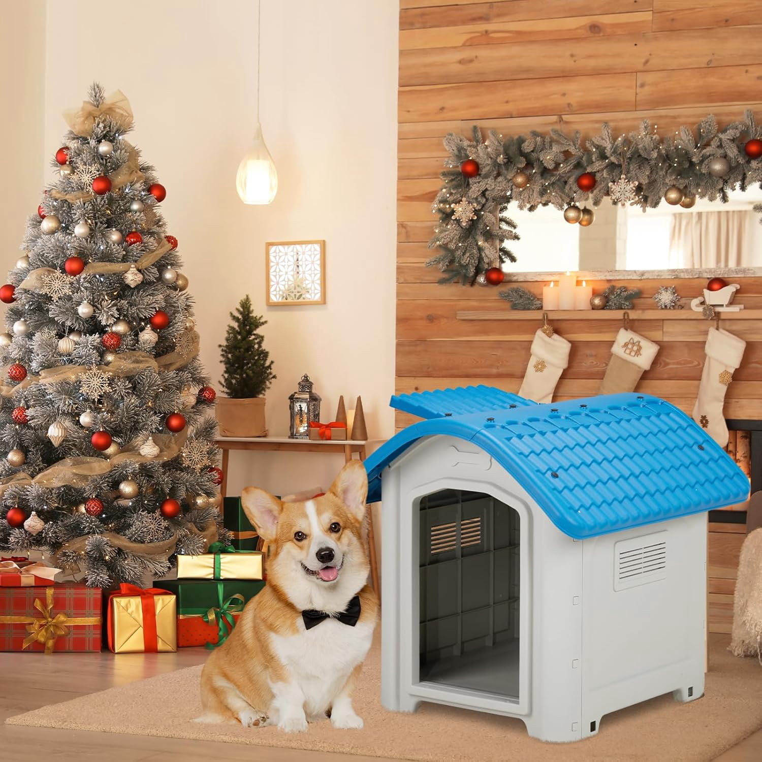 Outdoor Dog House, Plastic Dog Shelter for Small to Medium Size Dogs Waterproof, Durable Indoor Puppy House with Air Vents, Elevated Floor, Easy to Assemble 28"x23"x24"