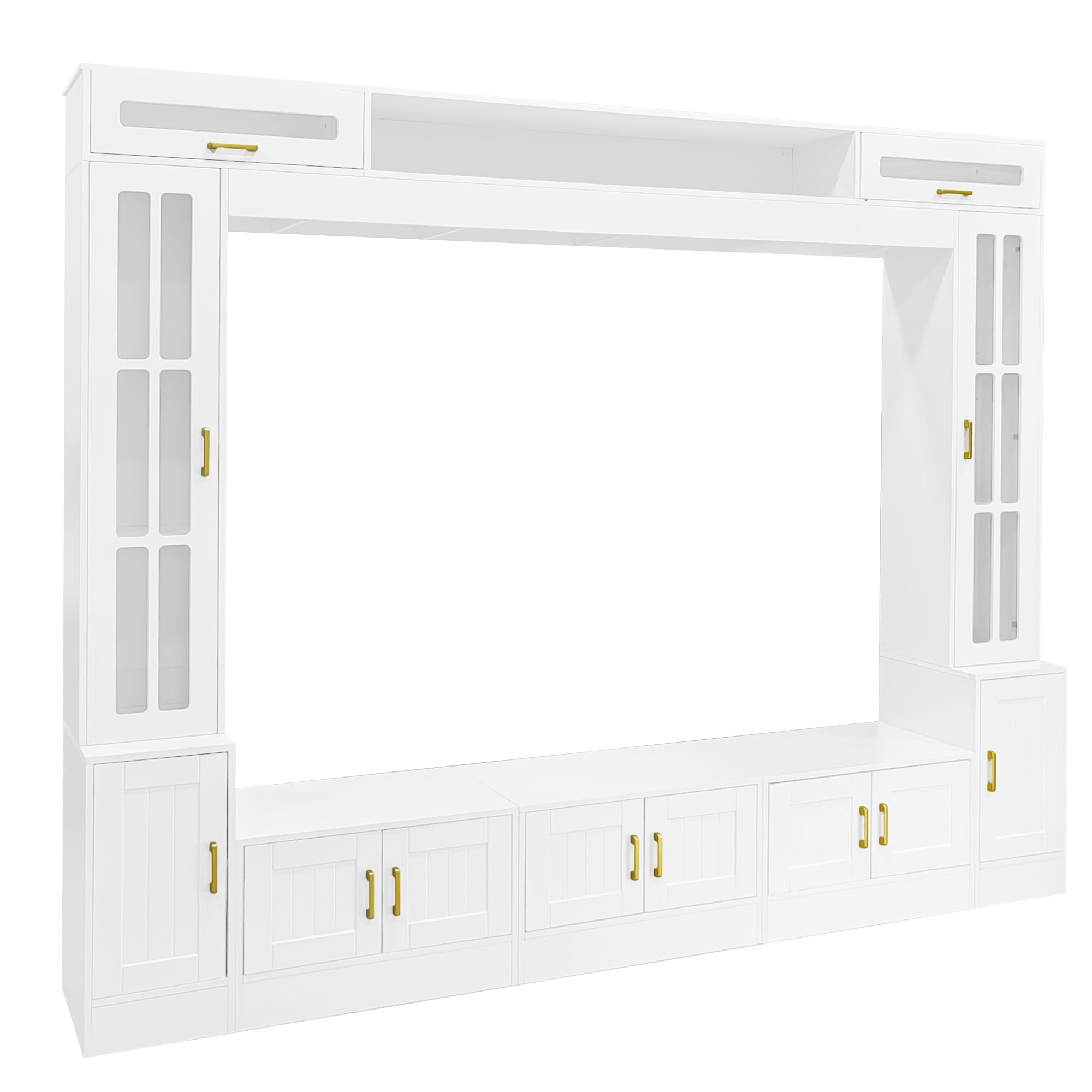 Euroco 98.4" W Wall Unit Entertainment Center with Bookshelves for TVs up to 80", Modern TV Stand Media Console with Cabinets, Tempered Glass Doors and Adjustable Shelves for Living Room