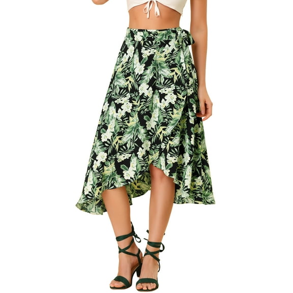 INSPIRE CHIC Women's Floral Tropical Boho Midi Wrap Skirt XS Black