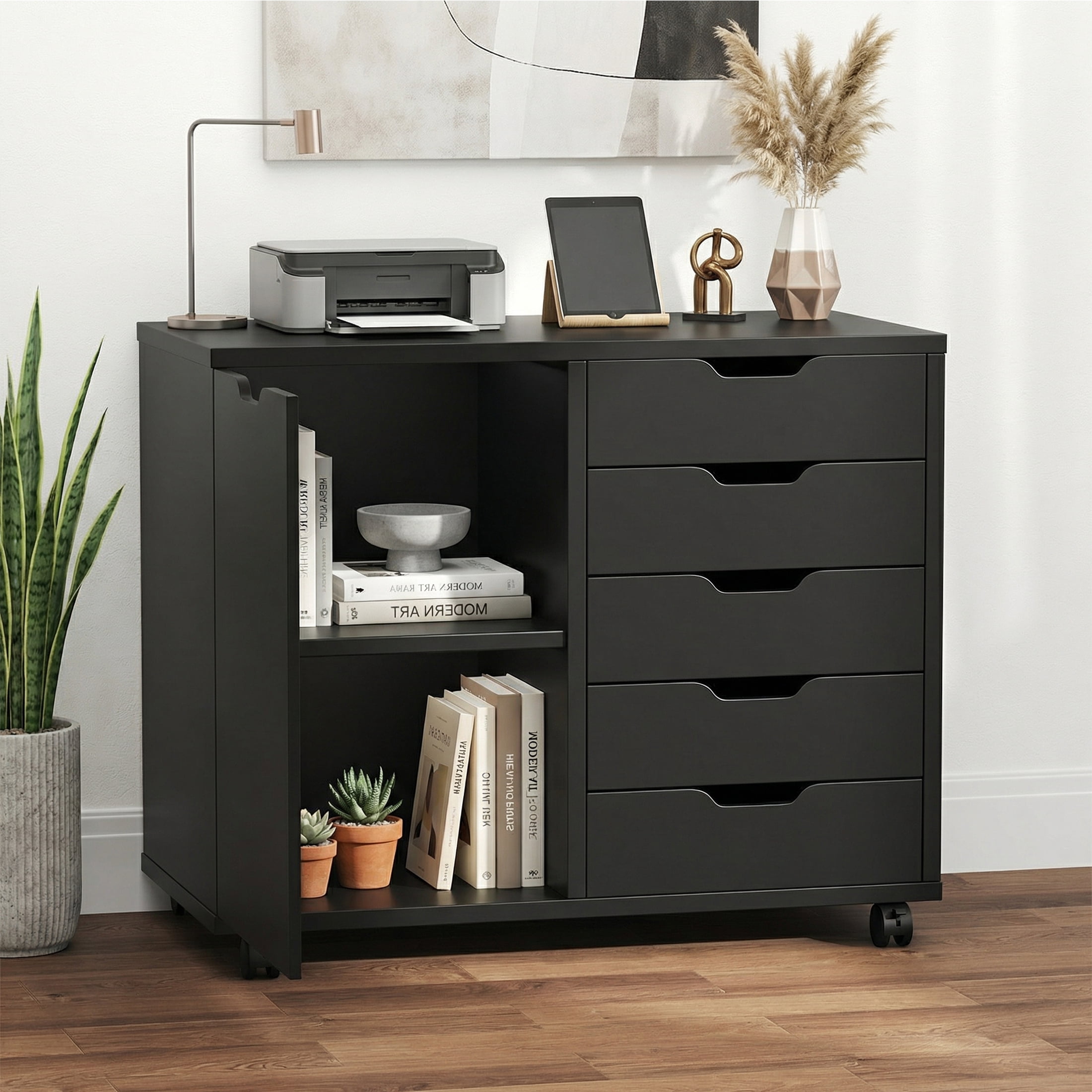 EDX 5-Drawer Wood File Cabinet, Mobile Printer Stand with Adjustable Shelf & Wheels, Storage Shelves for Home Office, Black