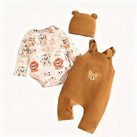 TOWED22 Newborn Baby Boy Clothes Fall Winter Outfit Long Sleeve Textured Romper Pocket Suspender Pants Hat 3 Piece Set,Brown,12-18 M
