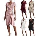 thumbnail image 6 of Dvprdro Womens Casual Work Mini Dress V Neck Short Sleeve Pleated Front Slim Fit Pencil Dress Solid, 6 of 6