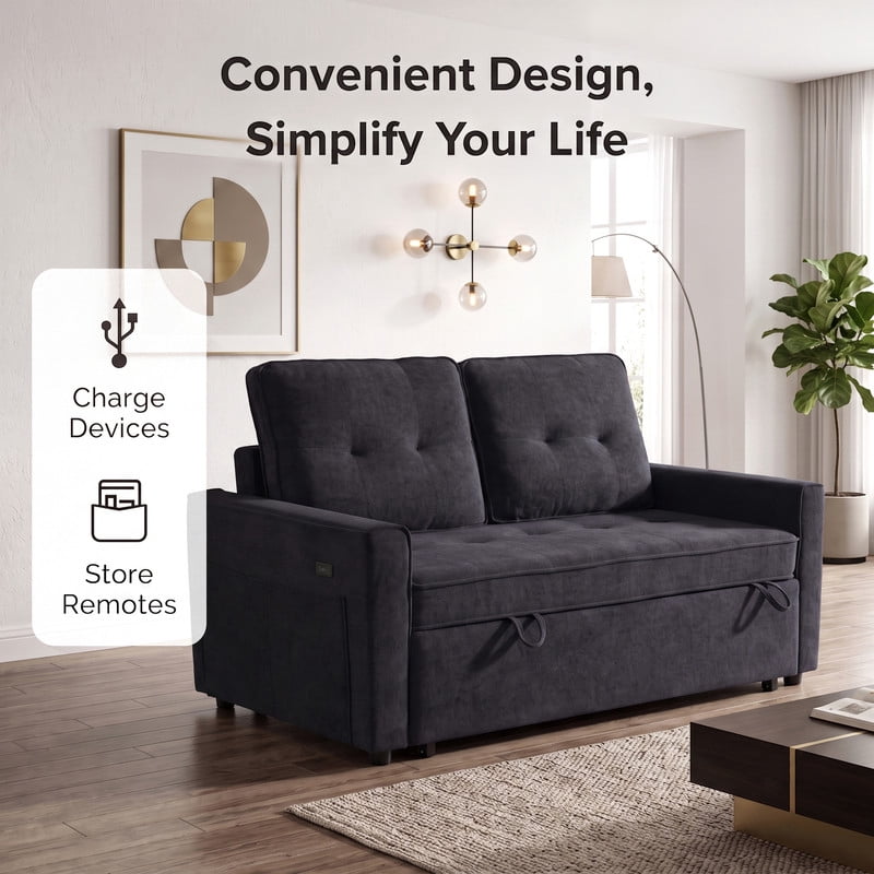 Gewnee 53” Sofa Bed, 3 in 1 Convertible Loveseat Sleeper Sofa, Pull Out Couch with USB Port, Futon Sofa Bed with Storage Pockets for Small Spaces, Teddy Fabric,Black