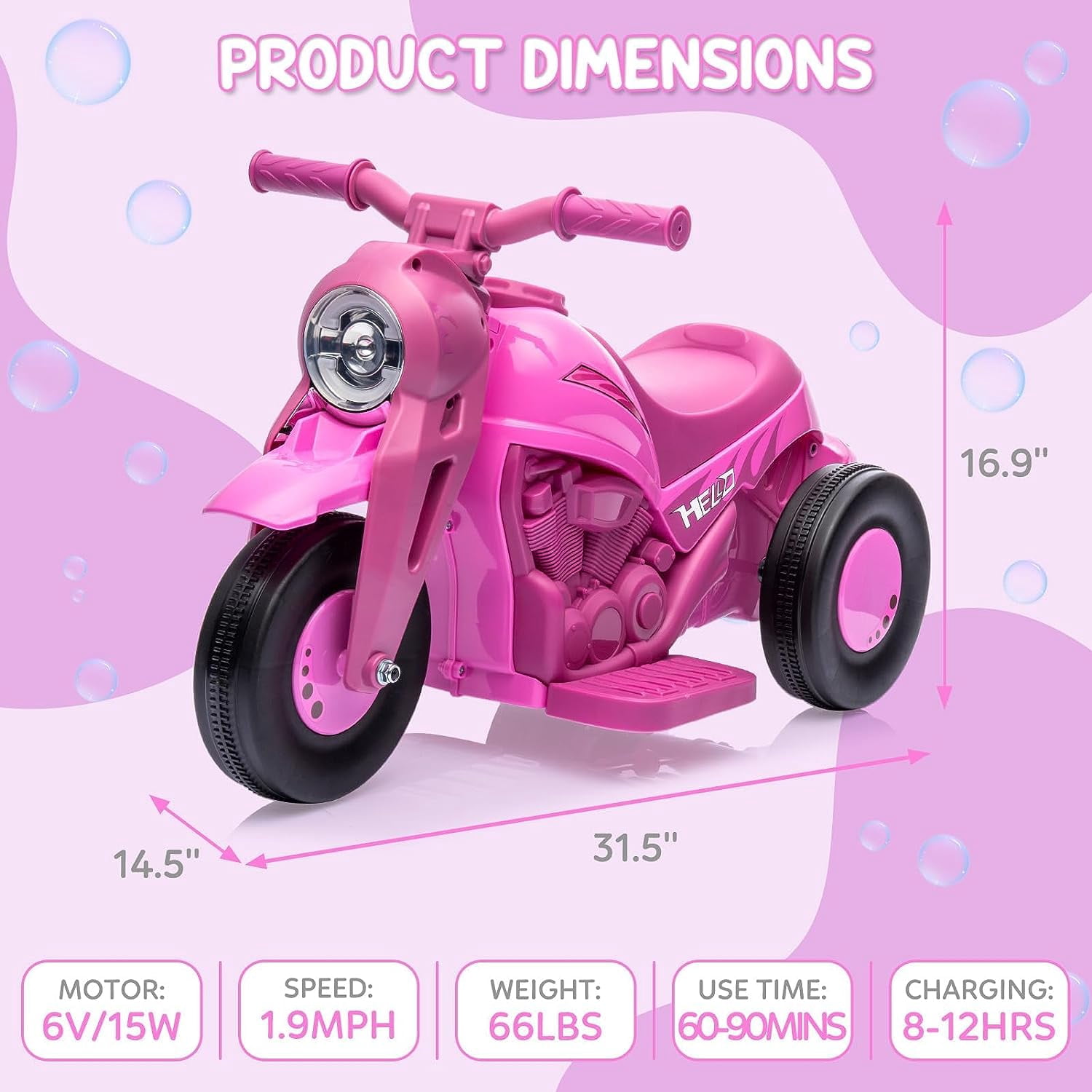 NEILA 6V 15W Kids Motorcycle with Bubble Function Battery Powered Ride on Motorbike Toy With LED Headlights, Music, 3 Wheels Kids Ride On Bubble Motorbike,for Kids Ages 3+ Boys Girls Pink