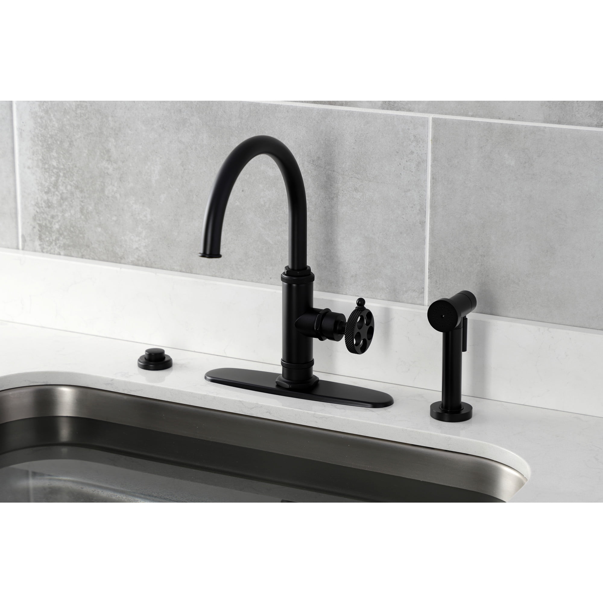 Kingston Brass KS2430RKX Webb Single-Handle Kitchen Faucet with Knurled Handle and Brass Side Sprayer, Matte Black