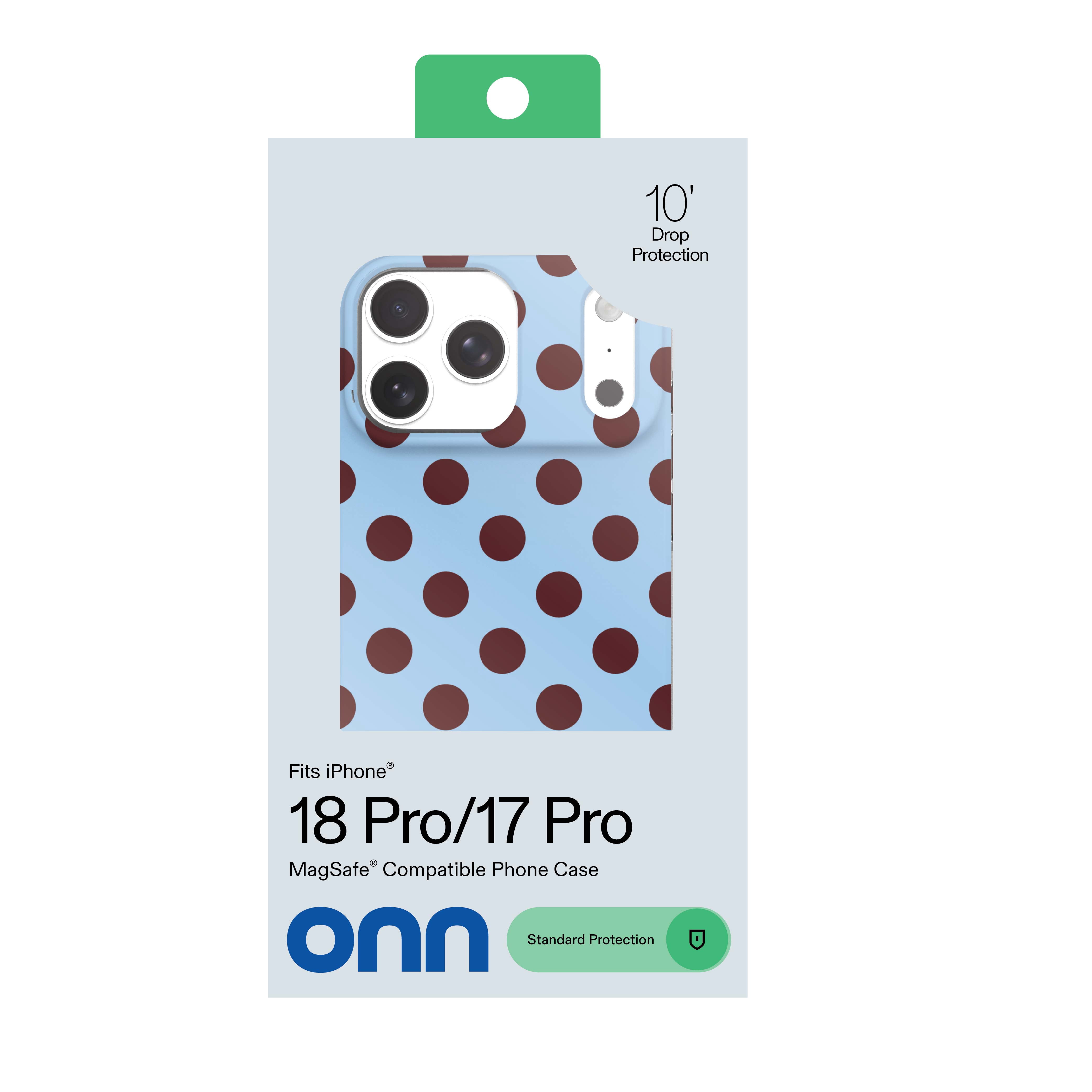 onn Phone Case for iPhone 18 Pro / 17 Pro, MagSafe Compatible - Blue and Burgundy Polka Dot