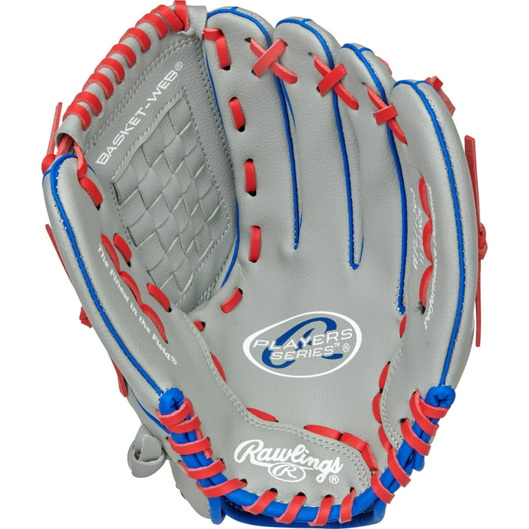Rawlings Players Series Youth Tball/Baseball Glove, Gray/Blue/Red, 11.5 inch, Right Hand Throw Rawlings Players Series Youth Tball/Baseball Glove, Gray/Blue/Red, 11.5 inch, Right Hand Throw