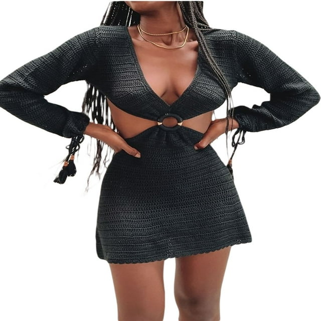 AMERTEER Robe de Plage Tricotée à Manches Longues avec Franges pour Femmes, Crochet Découpé