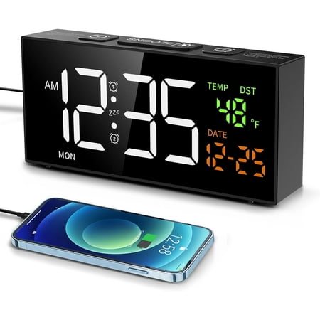 Bedroom alarm clock with date, temperature and day of the week, manual daylight saving time