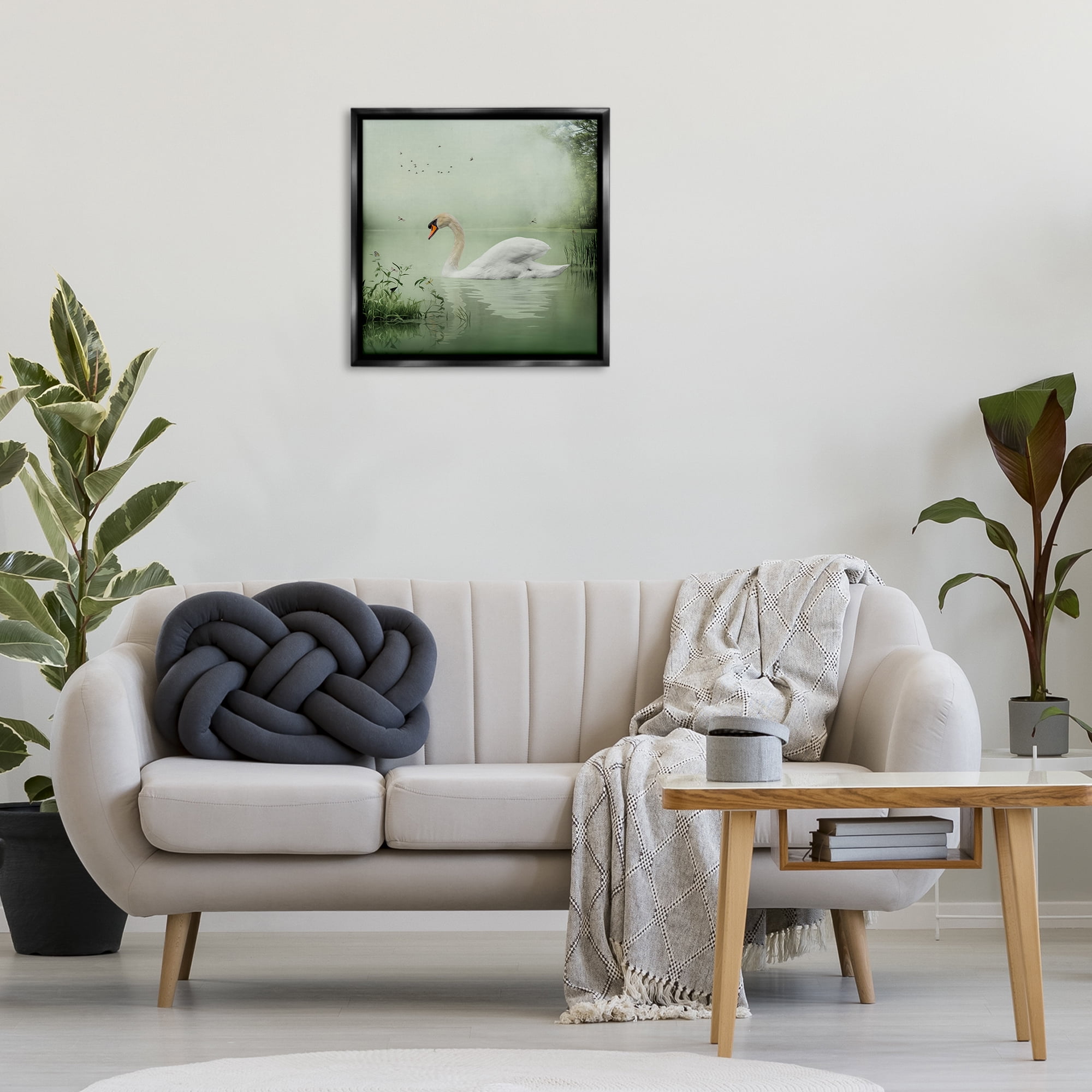 Stupell Industries Swan's Sanctuary Misty Lake Landscape & Nature Painting Black Floater Framed Canvas Art Print Wall Art, 25 x 25
