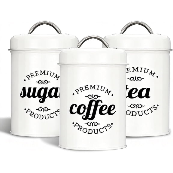 3 Piece Food Jars Canisters Sets, Airtight Coffee Container, Tea Organizer, And Sugar Canister, Rustic Farmhouse Decor for Kitchen Countertop (White)