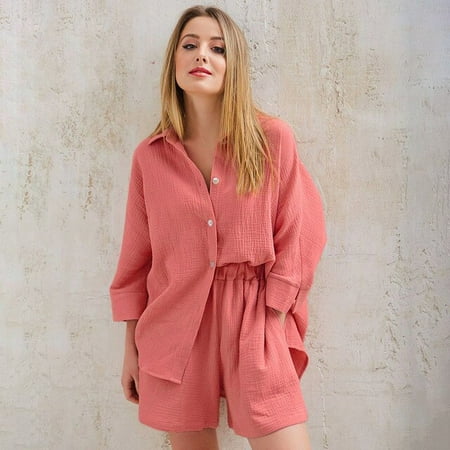 

CoCopeaunt Womens thin pajamas cotton pink nine-quarter sleeve shorts suit cotton casual can be worn outside the home wear