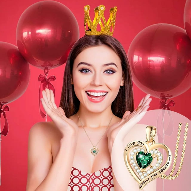 Fiudx Collar de Corazon, Alegría de Cobre Personalización, Piedra de Nacimiento, Diseño de Corazon Colorido En Azul Cielo, Diamantes de Rojos Brillantes, Fuente de Romántica de Estilo Verde, Ideal de