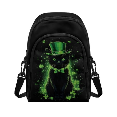 Chririnla St. Patrick s Shoulder Bag Featuring Black Cat Clover Polyester Crossbody Bag with Multi Pockets for Travel and Hiking