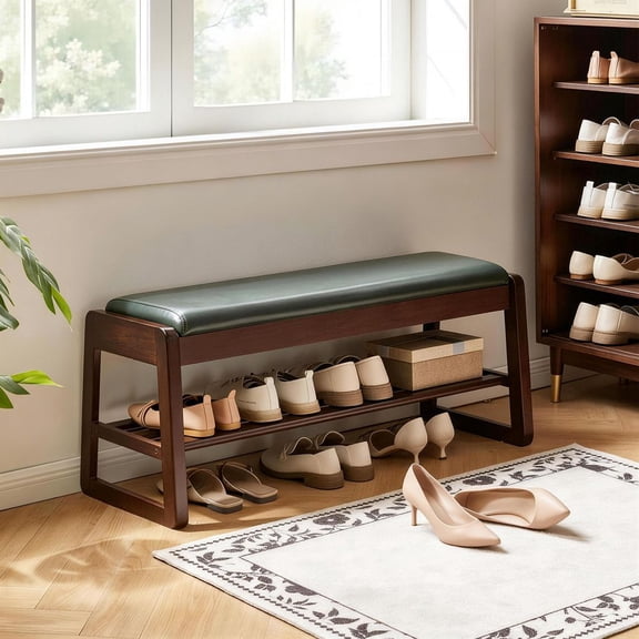 WUSCASA Vegan Leather Seat Storage Bench, Moenrn Shoe Bench with Hidden Lift Top Storage Tiered Open Shoe Shelves Entryway Bench for Bedroom