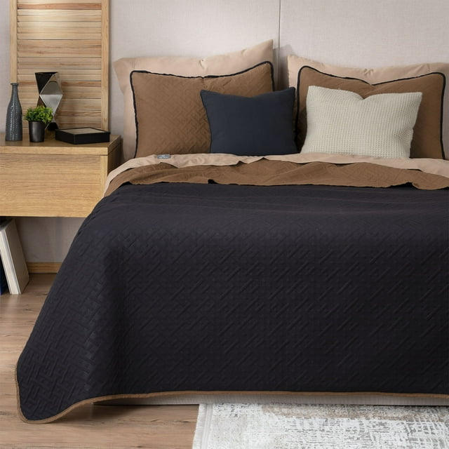 Edredón Ligero Real Textil + 2 Fundas de Almohada, Juego de Colcha Queen Size, Color Negro/Ocre