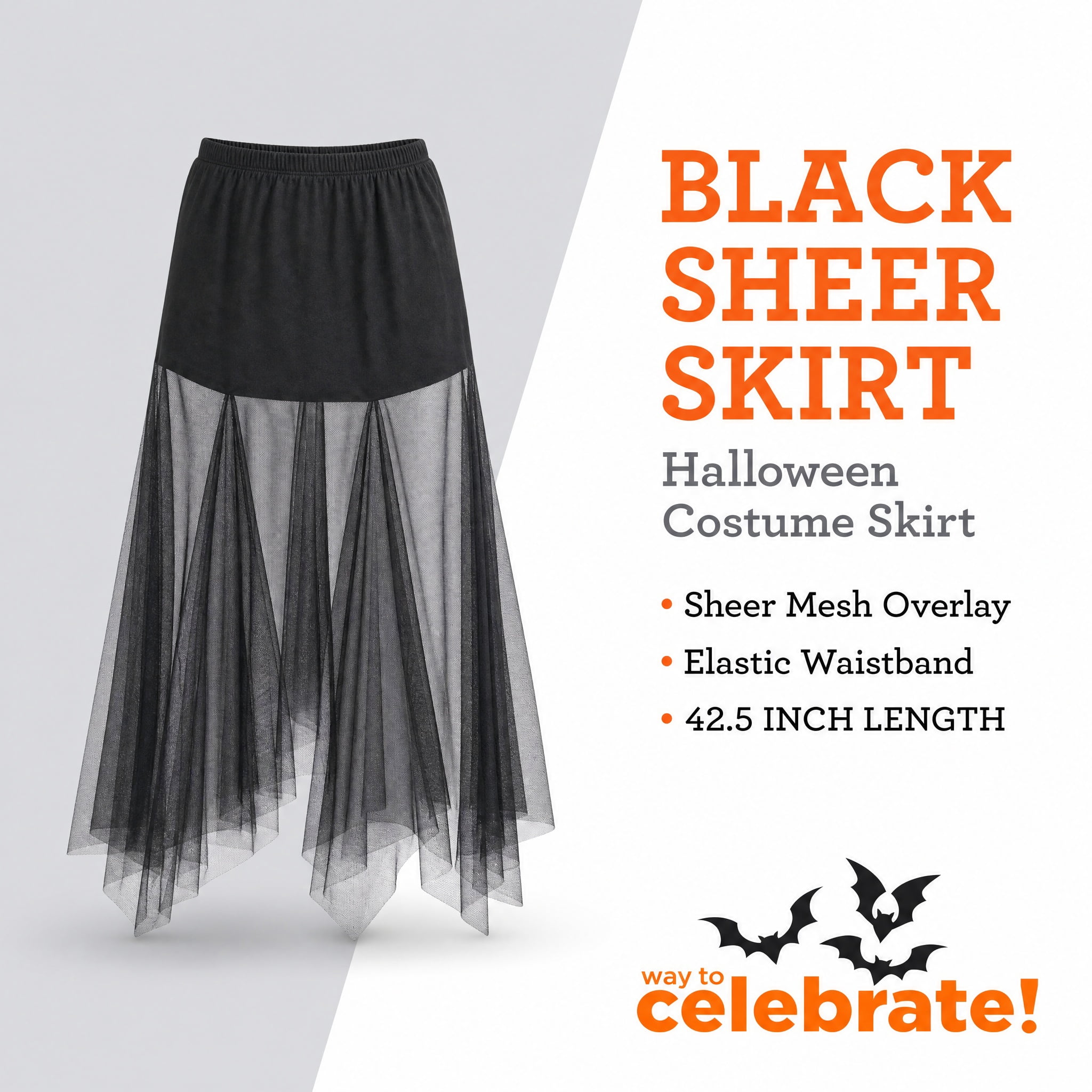 Sheer Skirt Costume Accessory for Adults, Black, S/M, Halloween by Way To Celebrate
