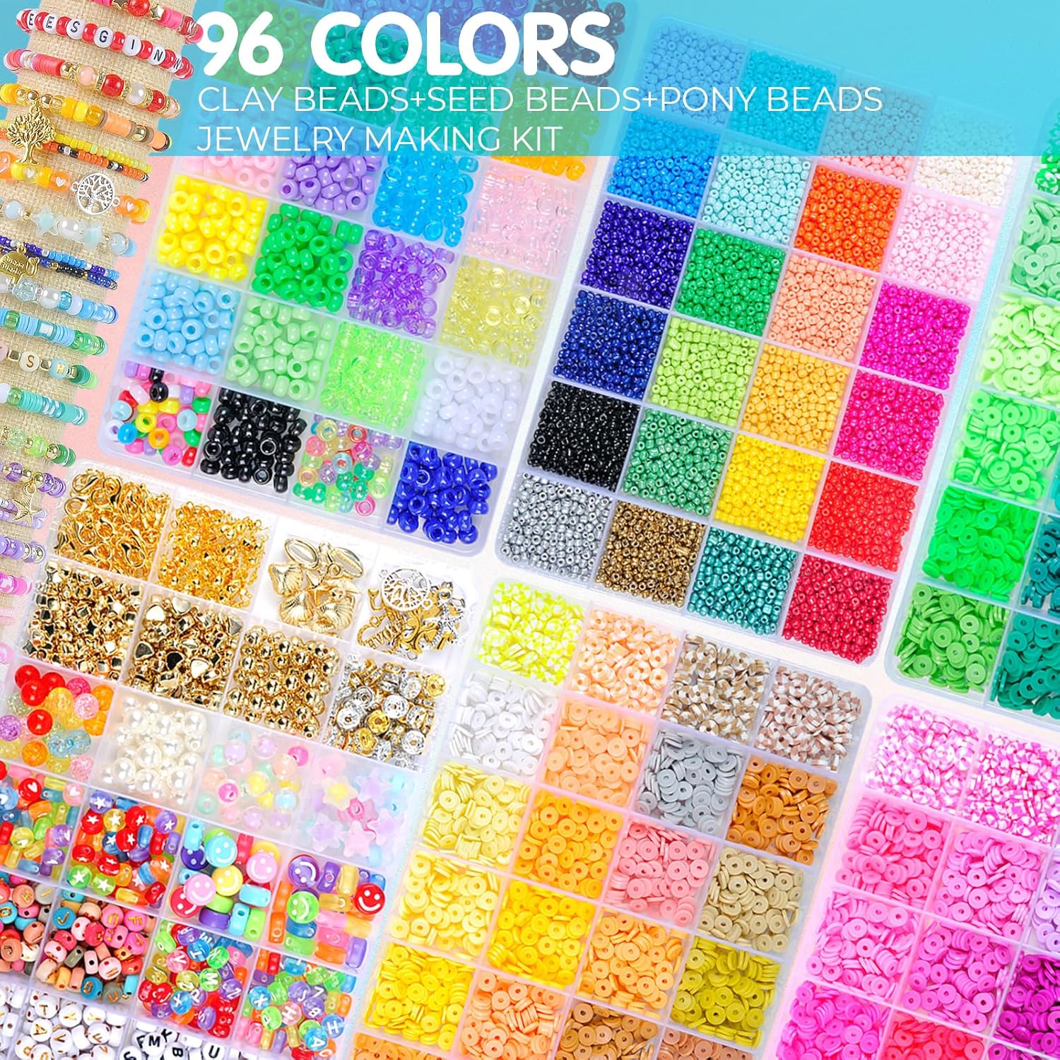 6 Box Set Friendship Bracelet Making Kit - 13000 Pcs, DIY Jewelry Making Set - Includes Clay, Seed, Pony Beads, Charms, and String