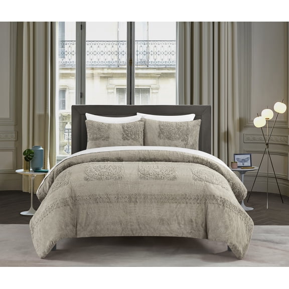 Chic Home Amyra 7-Piece Embossed Microplush Quilted Micromink Comforter Set, King, Beige