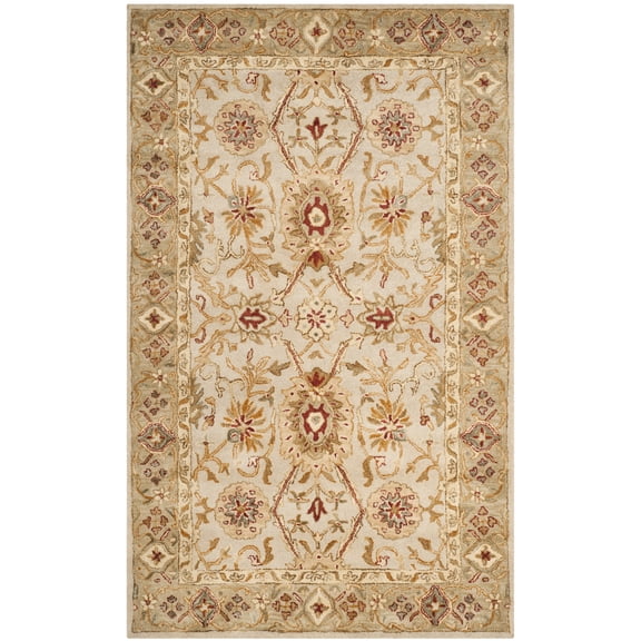 SAFAVIEH Antiquity Bernadette Floral Bordered Wool Area Rug, Grey Beige/Sage, 6' x 9'