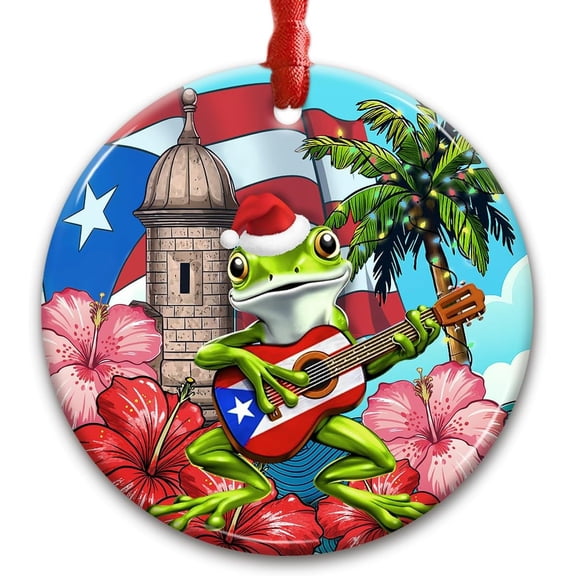 Puerto Rican Christmas Ornament - Funny Coqui Frog with Santa Hat Playing Guitar Holiday Decor, Tropical Tree Decoration, Cute Ethnic Ornament Gift, Puerto Rico Souvenir undefined