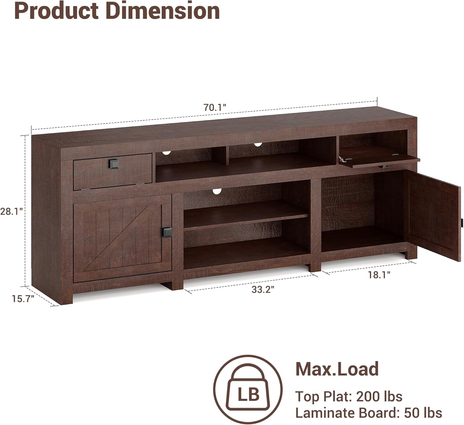 Garvee Farmhouse Wooden TV Stand for 75 Inch TV, 70" Long Entertainment Center with 4 Door and 2 Open Storage Spaces, Rustic TV Stand for Living Room, Bedroom
