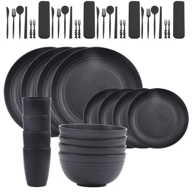 Wheat Straw Dinnerware Set, Unbreakable Plastic Tableware, Lightweight Plates Bowls Cups Set, Reusable Dining Set for Home Kitchen, Dishwasher Safe Dish Set with Cutlery
