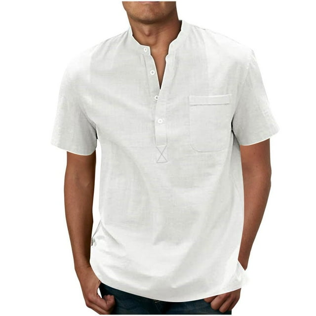 JUNWELL Men‘s Henley Shirt Solid Color Button Sport Shirt Round Neck Short Sleeve Tops with Pocket