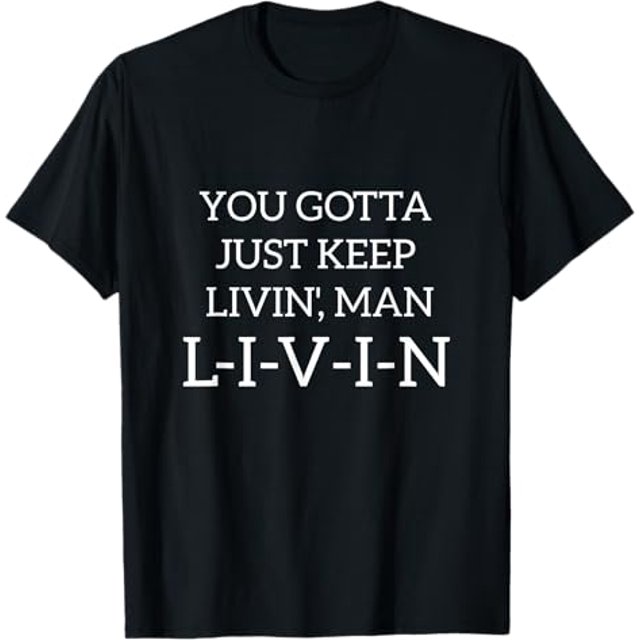 Camiseta de algodón 100 % de peso pesado para hombre - Camiseta urbana suave, transpirable y holgada con estampado motivacional "JUST KEEP LIVIN'" - Cuello redondo negro para gimnasio, uso diario, cas