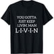 thumbnail image 1 of Men's Heavyweight 100% Cotton T-Shirt - Soft Breathable Loose Fit Streetwear Tee with Motivational "JuST KeeP LiViN'" Print - Black Crewneck Shirt for Gym, everyday Casual & Year-Round Wear - Mac, 1 of 6