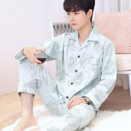 

PIKADINGNIS Mens Pajama Set Autumn Winter Warm Man Pajamas Set Simple Sleepwear Long Sleeve Cotton Pajamas for Men Top Pant Leisure Outwear