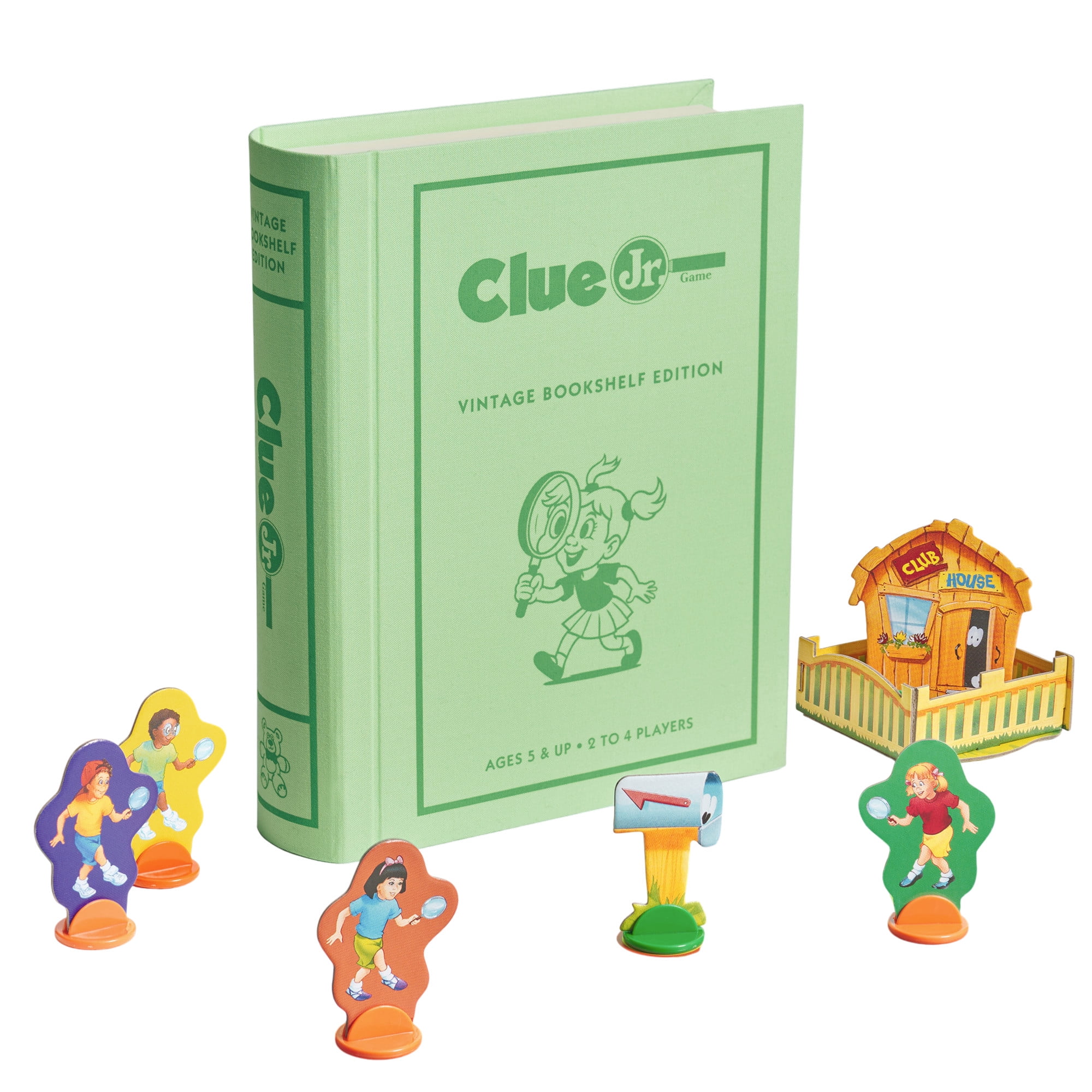 WS Game Company Clue Jr. Vintage Bookshelf Edition – The Case of the Hidden Toys – Fabric Wrapped Book Storage Mystery Board Game for Kids Ages 5 and Up