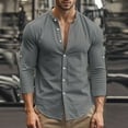 thumbnail image 2 of LNWUY Men's Solid Casual Cotton Linen Shirts Comfortable and Breathable Long Sleeve Button down Shirt Band Collar Beach Shirts Gray S, 2 of 9