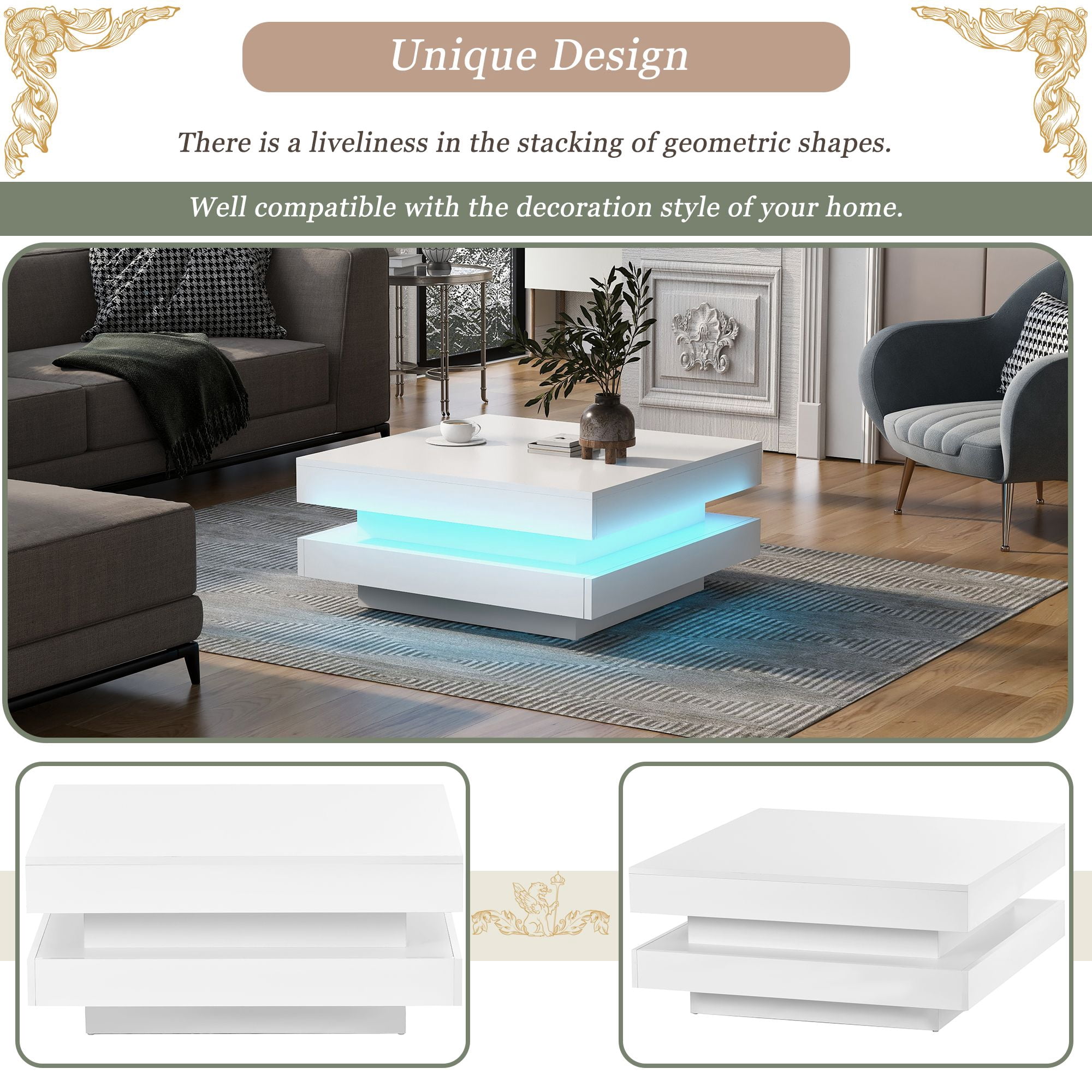 Aukfa Coffee Table with Plug-in 16-Color LED Lights for Living Room - White