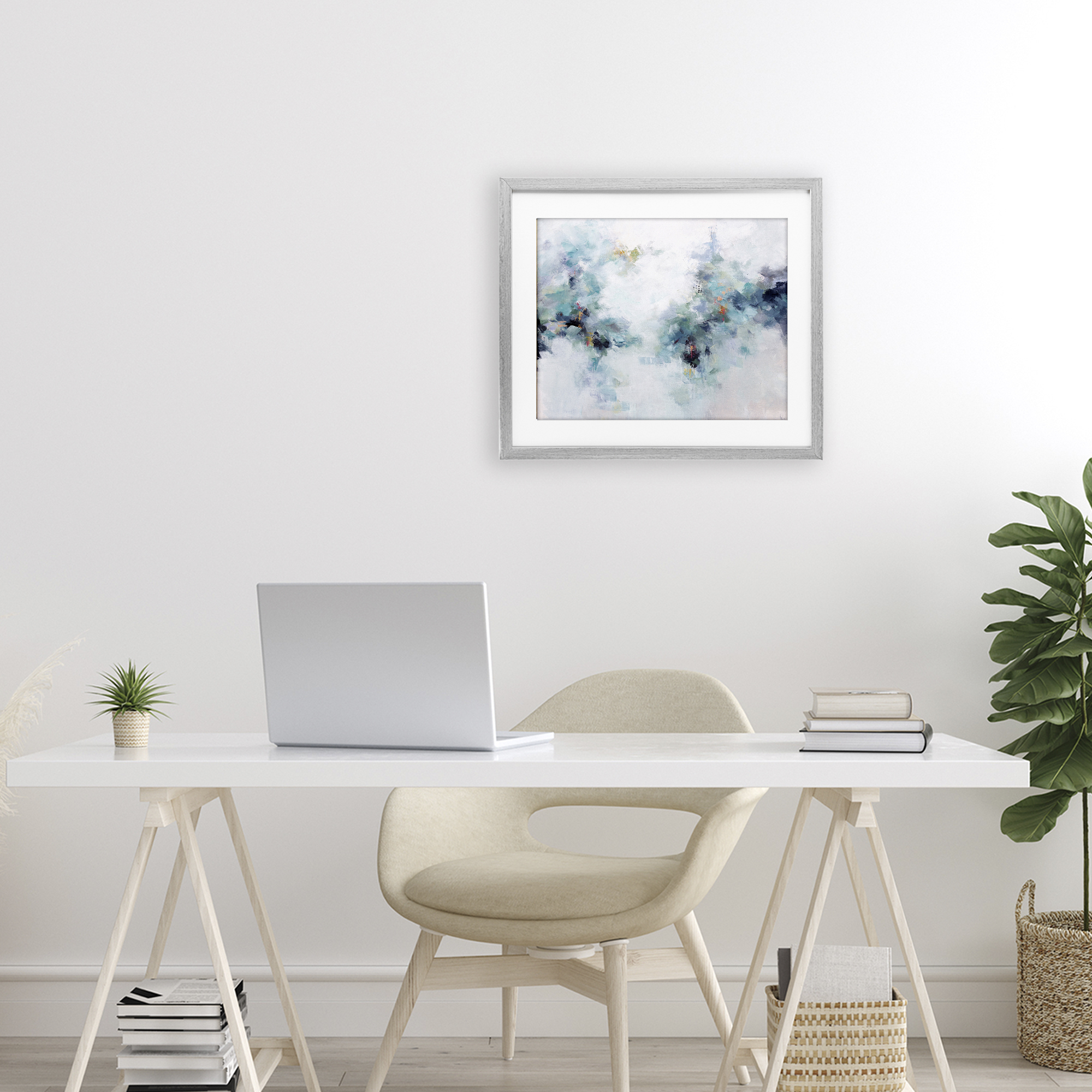 Reaching Out Abstraction Gray Framed Print Under Glass, design by Karen Hale