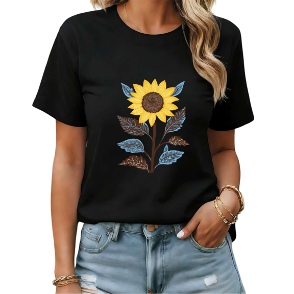 Black Print Tshirt Graphic Tees Shirts Colorblock Sunflower Vintage Fashion Wear S-5XL Tops