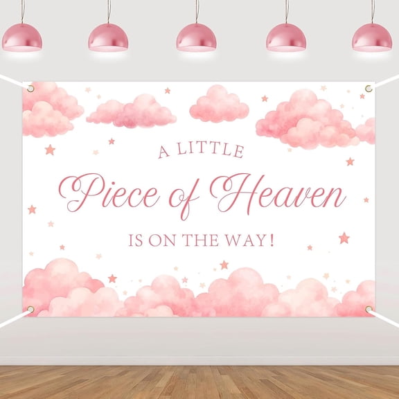 6x4FT Pink Clouds Baby Shower Backdrop A Little Piece of Heaven is on The Way Photography Background for Girls Pink Star Newborn Shower Birthday Party Decorations Banner Photo Booth Props