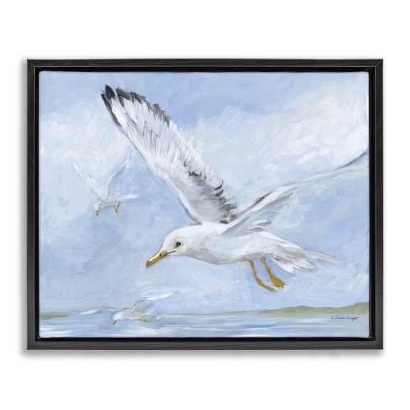 Stupell Industries Scenic Seagulls Flying Animals Painting Black Floater Framed Canvas Art Print Wall Art, 21 x 17