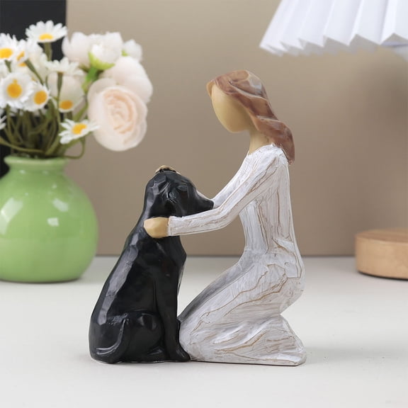 Woman with Black Dog Resin Figurine Statue, 4.72 Inch Hand-Painted Pet Dog Memorial Ornament, Girl Hugging Dog Sculpture for Home Decor, Shelf Mantel Tabletop Decoration, Perfect Gift for Dog Lovers