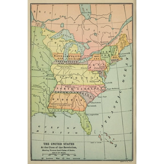 Map Of Eastern North America In 1783. Some Eastern States Boundaries Extend From The Atlantic Ocean To The Mississippi River At The End Of The American Revolution. History (24 x 36)
